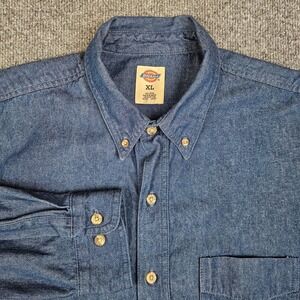Dickies Denim Button Down Shirt Men's XL Long Sleeve Blue Dark Wash Workwear NEW